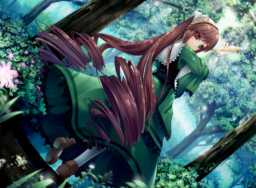 1girl asa_(swallowtail) blurry blurry_foreground blush brown_footwear brown_hair closed_mouth commentary_request dappled_sunlight day depth_of_field dress dutch_angle flower forest frilled_dress frilled_sleeves frills from_behind green_dress green_eyes hairband head_scarf heterochromia lolita_fashion long_hair long_sleeves looking_at_viewer looking_back nature outdoors pantyhose pink_flower red_eyes ringlets rozen_maiden shoe_soles shoes smile solo suiseiseki sunlight tree very_long_hair walking watering_can white_legwear