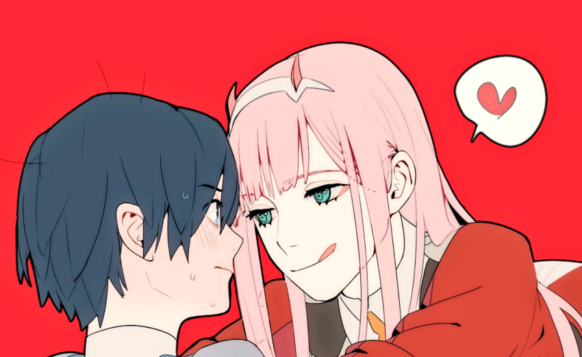 1boy 1girl black_hair blue_eyes blush couple darling_in_the_franxx face-to-face gassa_bg green_eyes highres hiro_(darling_in_the_franxx) horns lips long_hair looking_at_another military military_uniform oni_horns pink_hair short_hair sweat uniform zero_two_(darling_in_the_franxx)