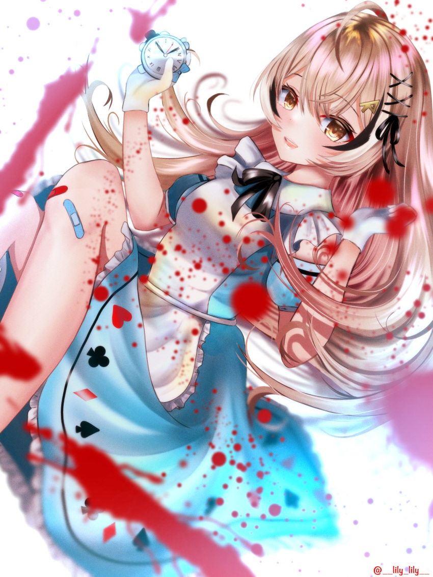 1girl ahoge alice_(alice_in_wonderland) alice_(alice_in_wonderland)_(cosplay) alice_in_wonderland apron bandage_on_knee bangs blood blood_splatter blue_dress brown_eyes brown_hair cosplay dress frilled_dress frills gloves hair_ornament hair_ribbon hairclip highres hololive hololive_english kronie_(ouro_kronii) lily_lily long_hair looking_at_viewer multicolored_hair nanashi_mumei pocket_watch ribbon streaked_hair very_long_hair virtual_youtuber watch white_gloves