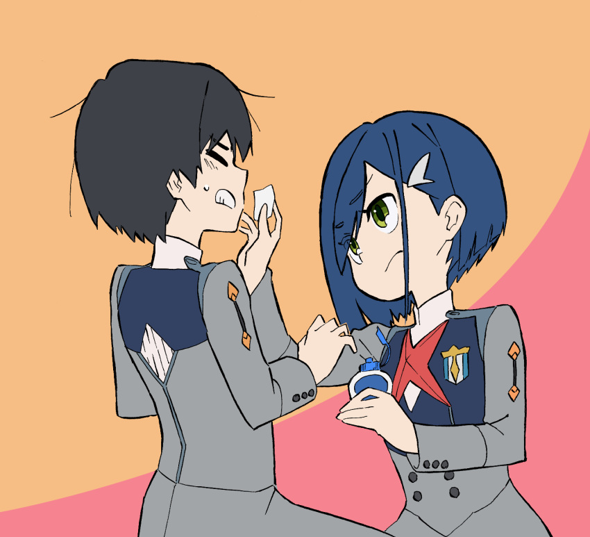 1boy 1girl between_breasts black_hair blue_hair bottle closed_eyes couple darling_in_the_franxx green_eyes highres hiro_(darling_in_the_franxx) holding holding_bottle ichigo_(darling_in_the_franxx) looking_at_another medicine_bottle military military_uniform necktie necktie_between_breasts nonomiya_nonon red_neckwear sweatdrop uniform