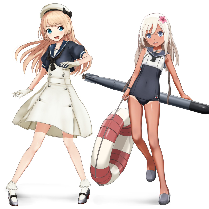 2girls blonde_hair blue_eyes blue_sailor_collar crop_top dress flower full_body gloves hair_flower hair_ornament hat highres jervis_(kantai_collection) kantai_collection lifebuoy long_hair looking_at_viewer multiple_girls one-piece_swimsuit one-piece_tan open_mouth ponpu-chou ro-500_(kantai_collection) sailor_collar sailor_dress sailor_hat school_swimsuit short_sleeves simple_background smile standing swimsuit swimsuit_under_clothes tan tanline torpedo white_background white_dress white_gloves white_hat