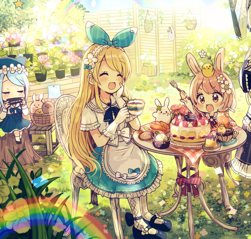 3girls :3 :d ^_^ animal animal_hat animal_on_head bendy_straw bird bird_on_head black_footwear blonde_hair blue_flower blue_hair blue_hat blue_ribbon blue_rose blue_skirt blue_sky blush bow brown_eyes cake carrot cat_hat chair chibi closed_eyes collared_shirt commentary cup day drink drinking_glass drinking_straw fang flower food fork fruit gloves hair_ribbon hairband hand_on_own_face harmonica hat highres holding holding_cup holding_fork holding_instrument instrument leaf light_brown_hair long_hair long_sleeves mary_janes multiple_girls music on_chair on_head open_mouth original outdoors pantyhose pink_flower pink_rose plaid playing_instrument pleated_skirt pudding rabbit rainbow red_bow red_flower red_rose ribbon rose sakura_oriko shirt shoes short_hair short_sleeves sitting skirt sky smile socks star strawberry strawberry_shortcake sunlight table teacup very_long_hair white_gloves white_hairband white_legwear white_shirt yellow_flower yellow_rose