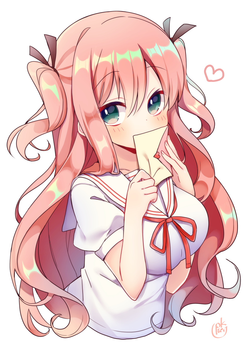 1girl absurdres bad_id bad_pixiv_id bangs black_ribbon blush breasts collarbone commentary_request covered_mouth cropped_torso envelope eyebrows_visible_through_hair green_eyes hair_between_eyes hair_ribbon heart highres holding holding_envelope large_breasts letter long_hair looking_at_viewer love_letter neck_ribbon original pink_hair pk_(mukasihasakana) puffy_short_sleeves puffy_sleeves red_ribbon ribbon sailor_collar school_uniform serafuku shirt short_sleeves signature simple_background solo two_side_up very_long_hair white_background white_sailor_collar white_shirt