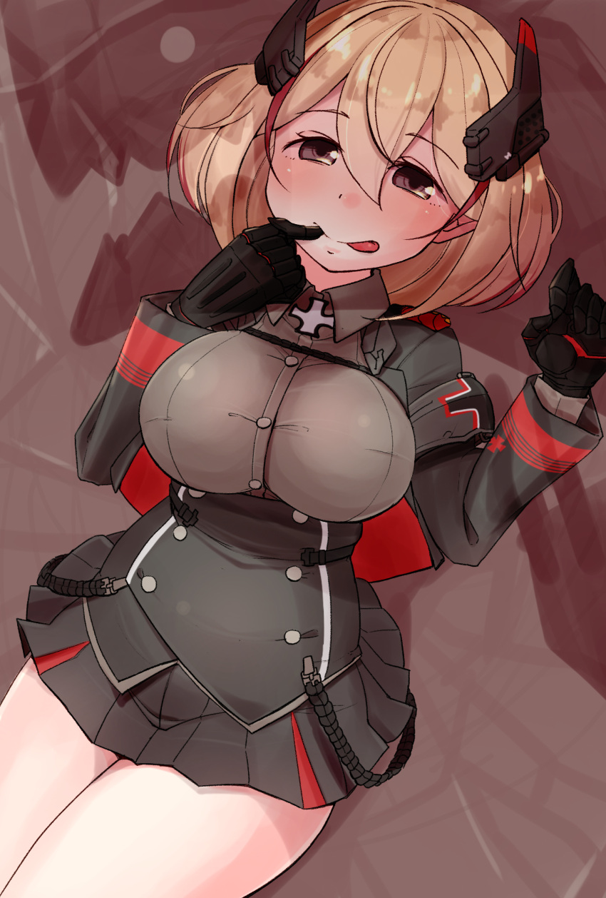 1girl azur_lane bangs black_gloves blonde_hair breasts brown_eyes buttons collared_shirt cropped_jacket dress_shirt eyebrows eyebrows_visible_through_hair finger_to_mouth gloves grey_jacket grey_skirt hair_between_eyes hands_up headgear highres horoyuki_(gumizoku) iron_cross jacket large_breasts long_sleeves looking_at_viewer miniskirt multicolored_hair open_clothes open_jacket pleated_skirt redhead roon_(azur_lane) shirt short_hair skirt solo tareme tongue tongue_out two-tone_hair underbust
