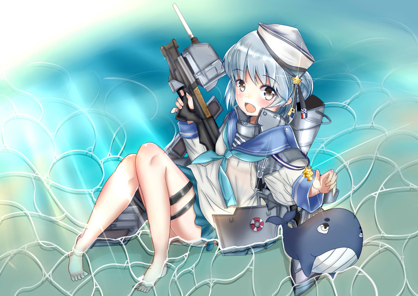 1girl aqua_neckwear aqua_skirt barefoot black_ribbon blue_hair blue_sailor_collar bullpup dixie_cup_hat double_bun fire_maxs gun hat hat_ribbon kantai_collection long_sleeves military_hat miniskirt neckerchief p90 partially_submerged pleated_skirt ribbon sailor_collar samuel_b._roberts_(kantai_collection) school_uniform serafuku shirt short_hair skirt sleeve_cuffs solo submachine_gun water weapon whale white_hat white_shirt yellow_eyes