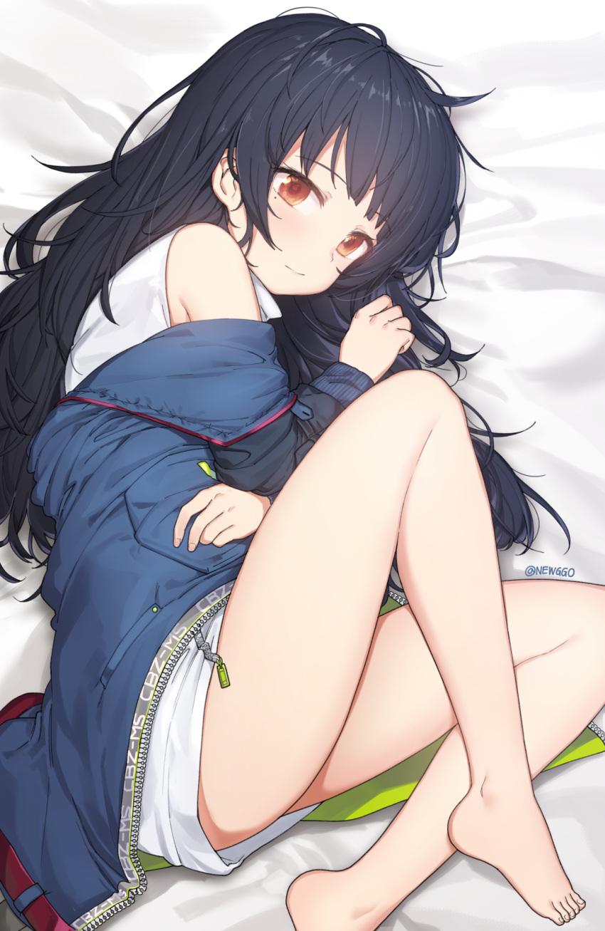 1girl ahoge arm_across_waist bangs bare_legs bare_shoulders black_hair blush c-ms_(girls_frontline) closed_mouth clothes_writing coat collarbone dress funako_(newggo) girls_frontline highres light_smile long_hair long_sleeves looking_at_viewer lying messy_hair microdress mole mole_under_eye multicolored_coat multiple_belts off_shoulder on_side open_clothes open_coat pocket pouch red_eyes sidelocks solo strap thigh-highs thigh_strap thighs twitter_username white_dress zipper