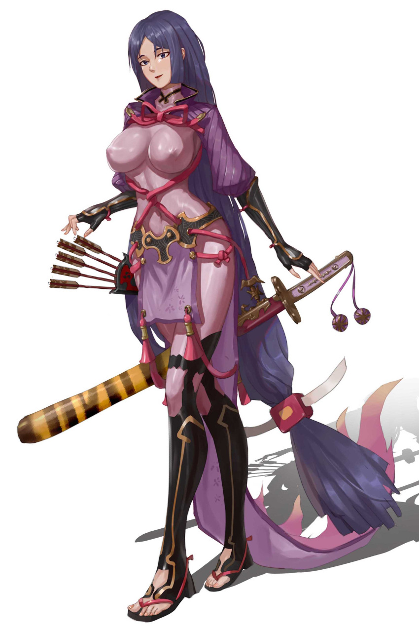 10841 1girl absurdres armor arrow bangs bikini black_gloves bodysuit breasts cleavage covered_navel covered_nipples curvy fate/grand_order fate_(series) fingerless_gloves gloves highres japanese_armor katana kote large_breasts loincloth long_hair low-tied_long_hair minamoto_no_raikou_(fate/grand_order) motherly parted_bangs purple_bikini purple_bodysuit purple_hair quiver ribbed_sleeves rope sandals shadow suneate swimsuit sword tabard tiger_stripes very_long_hair violet_eyes weapon
