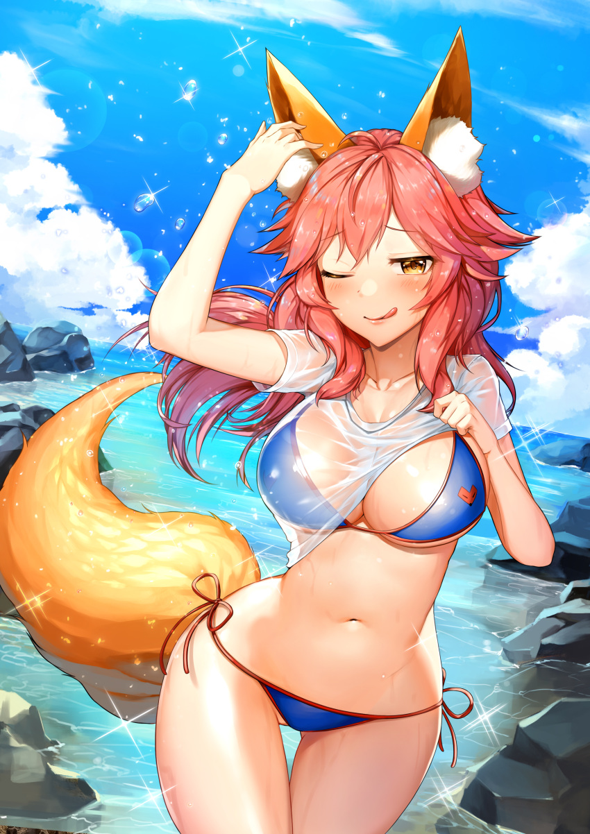 1girl absurdres animal_ears ass_visible_through_thighs beach bikini blue_bikini breasts cleavage closed_mouth collarbone day fate/grand_order fate_(series) highres jai_(whany1998) large_breasts long_hair looking_at_viewer messy_hair one_eye_closed orange_eyes outdoors pink_hair see-through shirt shirt_lift short_sleeves side-tie_bikini skindentation smile solo sparkle splashing swimsuit tail tamamo_(fate)_(all) tamamo_no_mae_(fate) tamamo_no_mae_(swimsuit_lancer)_(fate) tongue tongue_out upper_body water wet wet_clothes wet_shirt white_shirt wide_hips