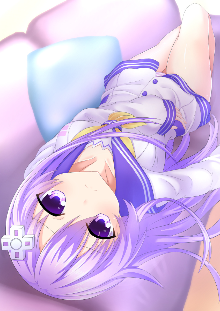 1girl ayame_shino bare_legs breasts couch d-pad d-pad_hair_ornament dress frown hair_ornament highres long_hair looking_at_viewer lying medium_breasts nepgear neptune_(series) on_back on_couch panties pantyshot sailor_dress solo underwear upside-down