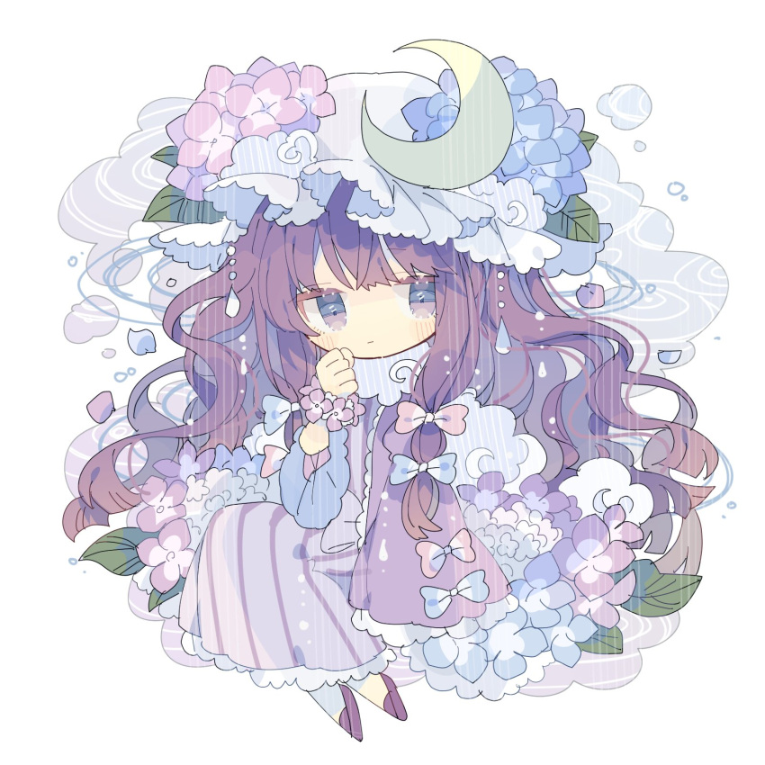 1girl bangs blue_bow blue_flower blush bow bracelet chibi closed_mouth crescent crescent_hat_ornament double_bun dress eyebrows_visible_through_hair flower hair_bow hair_bun hand_up hat hat_flower hat_ornament highres jewelry leaf long_hair long_sleeves looking_to_the_side mob_cap nikorashi-ka open_clothes open_vest pantyhose patchouli_knowledge petals pink_bow pink_flower purple_background purple_bow purple_dress purple_flower purple_footwear purple_hair purple_vest shoes sitting solo striped striped_dress touhou very_long_hair vest violet_eyes weapon white_headwear white_legwear