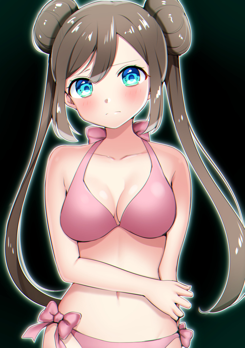 1girl absurdres bikini black_background blue_eyes blush bow breasts brown_hair cleavage collarbone hair_between_eyes head_tilt highres long_hair looking_at_viewer medium_breasts mei_(pokemon) navel pink_bikini pink_bow pokemon pokemon_(game) pokemon_bw2 shiny shiny_hair solo standing swimsuit twintails very_long_hair yuihiko