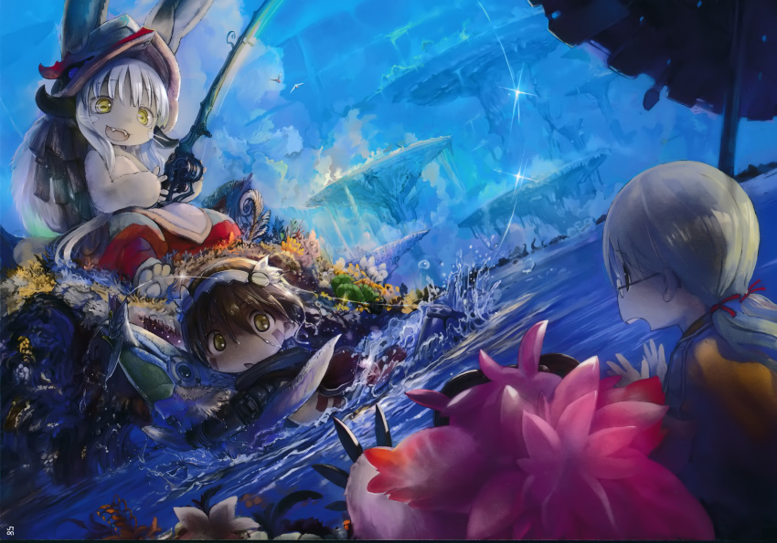 1boy 2girls absurdres animal_ears blonde_hair blush brown_hair fishing_rod hair_ribbon highres holding holding_fishing_rod long_hair looking_at_another made_in_abyss mitty_(made_in_abyss) multiple_girls nanachi_(made_in_abyss) official_art open_mouth parted_lips rabbit_ears red_ribbon regu_(made_in_abyss) ribbon riko_(made_in_abyss) scan short_hair smile swimming tsukushi_akihito twintails water white_hair yellow_eyes
