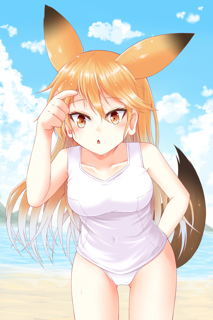 1girl animal_ears arms_behind_back bare_shoulders beach blonde_hair blush breasts brown_eyes brown_hair collarbone colored_eyelashes commentary_request ezo_red_fox_(kemono_friends) fox_ears fox_tail highres kemono_friends long_hair looking_at_viewer medium_breasts ocean open_mouth school_swimsuit sky solo sora_(sunday_sky) swimsuit tail white_school_swimsuit white_swimsuit