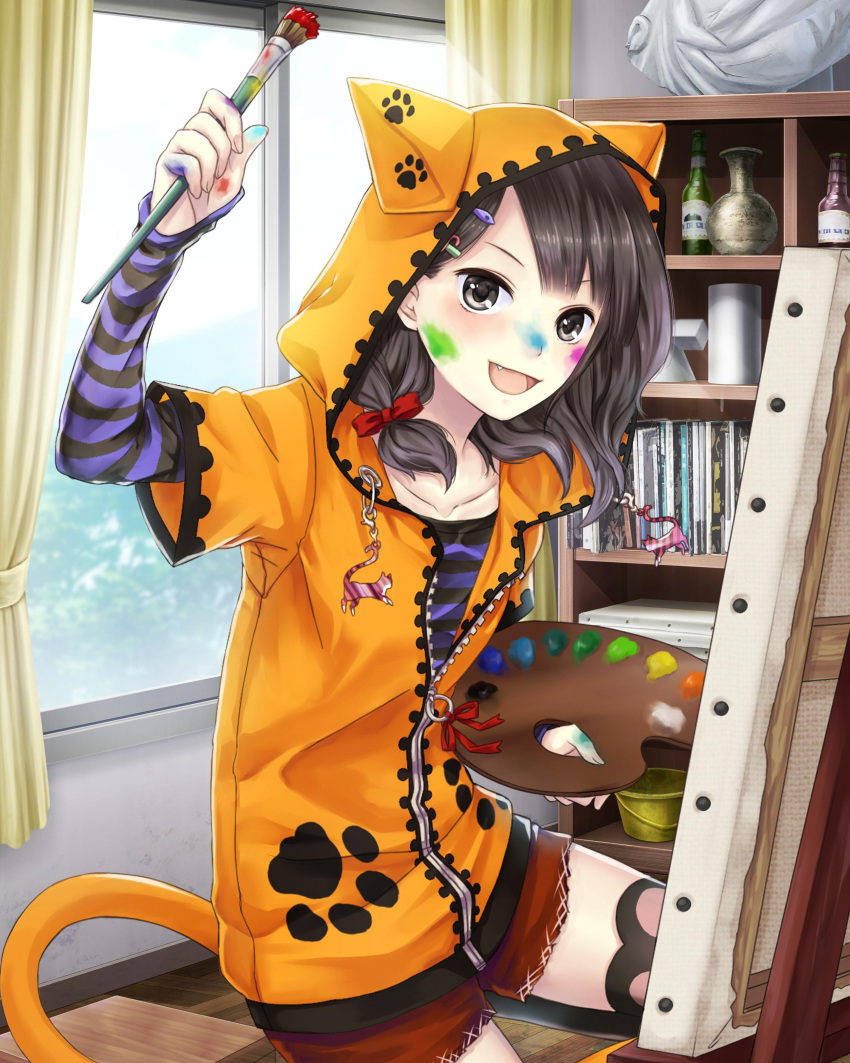 1girl :d absurdres animal_ears animal_hood arm_up bookshelf brown_eyes brown_hair canvas_(object) cat_ears cat_tail collarbone day fake_animal_ears fang hair_ribbon highres holding holding_brush hood hooded_jacket indoors jacket long_hair looking_at_viewer open_mouth orange_jacket paint_on_face partially_unzipped paw_print red_ribbon red_shorts ribbon school_fanfare shirt short_shorts short_sleeves shorts smile solo striped striped_shirt tail thigh-highs window