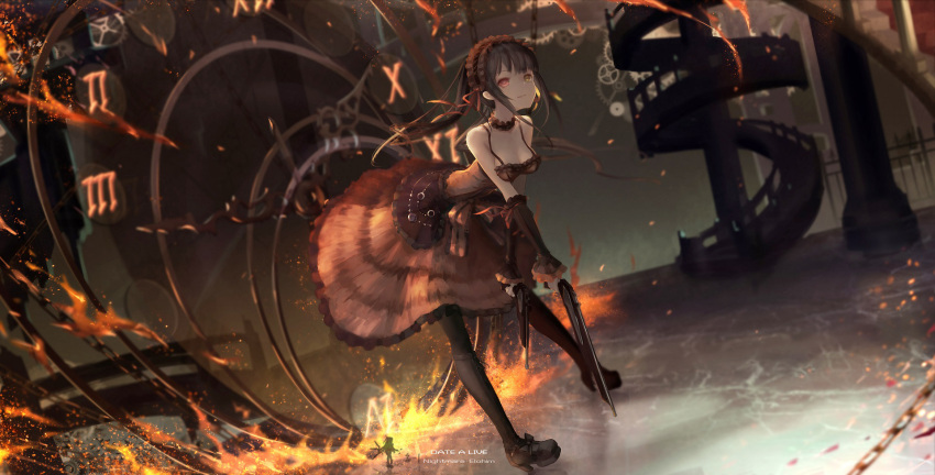 1girl asymmetrical_hair bangs black_footwear black_hair black_legwear boots breasts choker cleavage clock clock_eyes cross-laced_footwear date_a_live dress dual_wielding grin gun hairband handgun heterochromia highres holding holding_gun holding_weapon knee_boots lace-up_boots lolita_fashion lolita_hairband long_hair medium_breasts parted_lips pistol red_dress red_eyes red_ribbon ribbon sleeveless sleeveless_dress smile solo standing symbol-shaped_pupils thigh-highs tokisaki_kurumi twintails wangchuan_de_quanyan weapon yellow_eyes