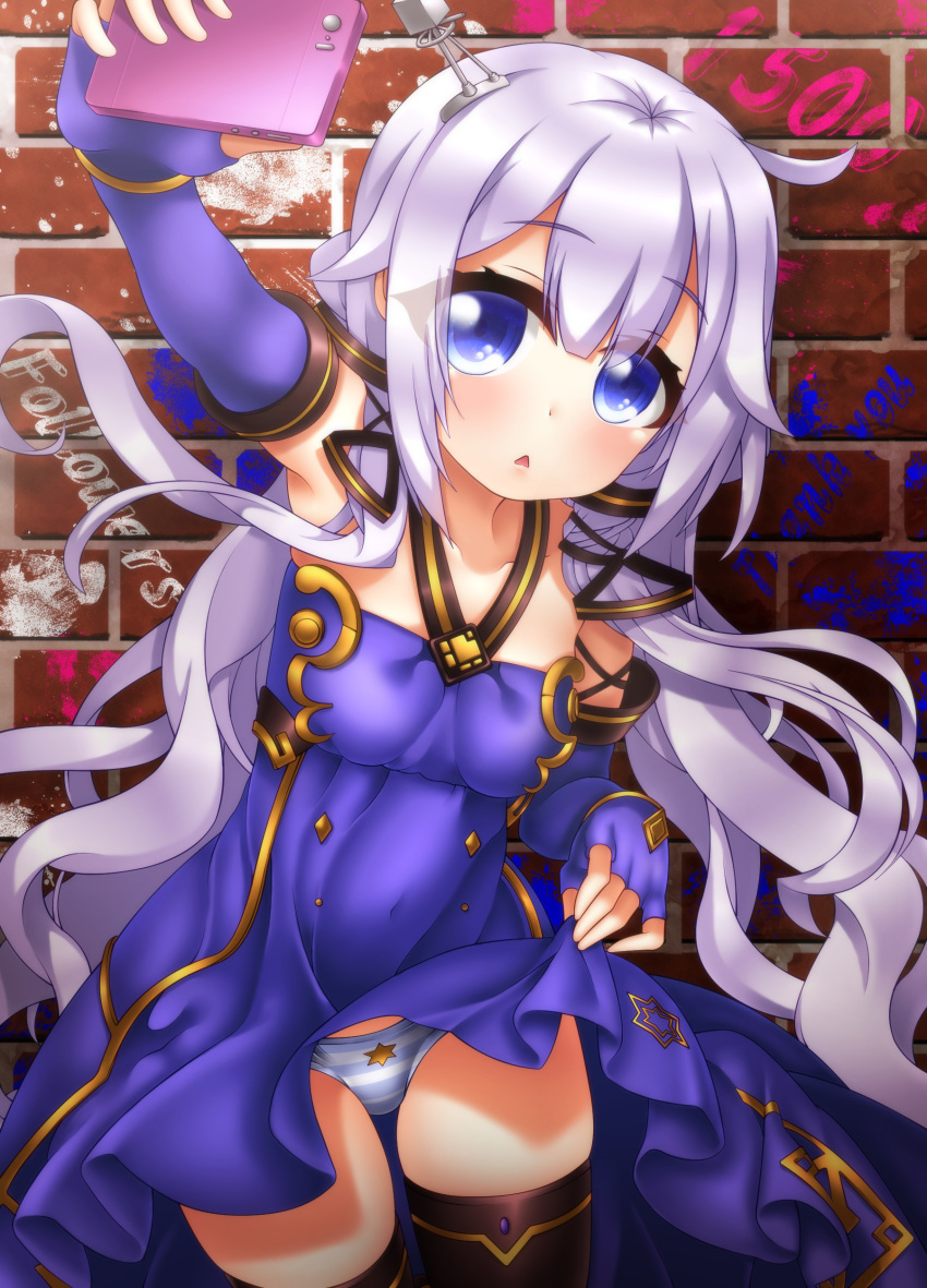 1girl :&lt; absurdres ahoge azur_lane bangs bare_shoulders black_legwear breasts brick_wall cellphone collarbone commentary_request cosplay derivative_work dress dress_lift elbow_gloves eyebrows_visible_through_hair fingerless_gloves gloves hair_between_eyes hair_ornament halterneck head_tilt highres holding holding_cellphone holding_phone lifted_by_self long_hair looking_at_viewer oooqqq outstretched_arm panties parted_lips phone purple_dress purple_gloves purple_hair self_shot small_breasts smartphone solo star striped striped_panties thigh-highs triangle_mouth underwear unicorn_(azur_lane) very_long_hair vocaloid xingchen xingchen_(cosplay)