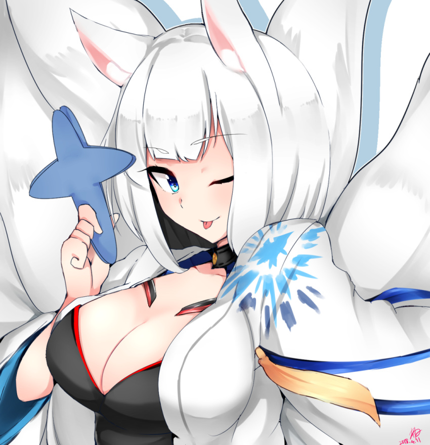 1girl 2018 ;) animal_ears azur_lane bangs blue_eyes bob_cut breasts chiru_(218mg) cleavage closed_mouth dated eyebrows eyebrows_visible_through_hair fox_ears fox_tail holding japanese_clothes kaga_(azur_lane) large_breasts long_sleeves multiple_tails one_eye_closed outline palms shikigami short_hair signature silhouette simple_background smile solo tail tongue tongue_out upper_body white_background white_hair white_outline wide_sleeves