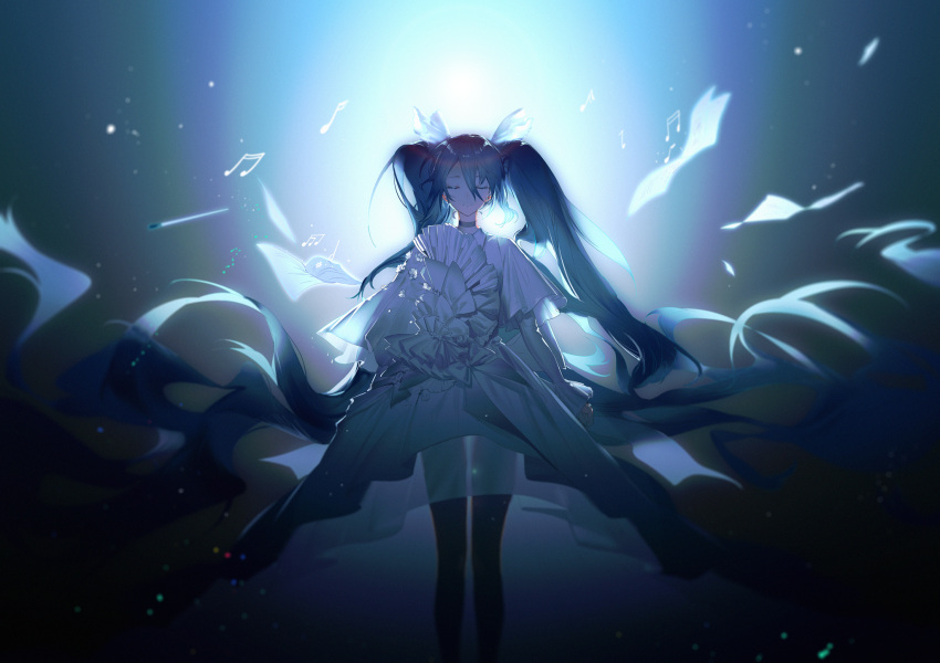 1girl absurdly_long_hair alternate_costume backlighting beamed_sixteenth_notes black_legwear blue_choker blue_hair bow choker closed_eyes closed_mouth dress eighth_note facing_viewer feet_out_of_frame hair_between_eyes hatsune_miku highres layered_dress long_hair long_sleeves musical_note pantyhose see-through sixteenth_note smile solo standing twintails very_long_hair vocaloid white_bow white_dress yyb