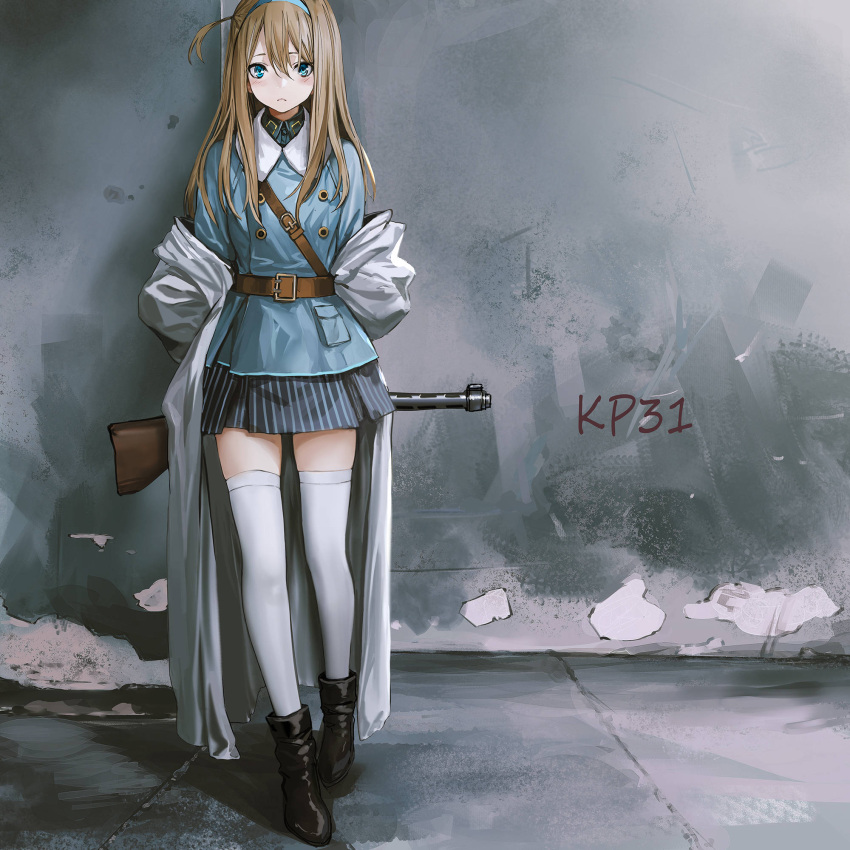 1girl ankle_boots bangs belt black_footwear blonde_hair blue_eyes blush boots breasts brown_hair buckle character_name closed_mouth coat double-breasted eyebrows_visible_through_hair full_body girls_frontline gun hair_between_eyes hair_ornament hairband highres holding holding_gun holding_weapon infukun jacket long_hair looking_at_viewer medium_breasts off_shoulder sidelocks skindentation skirt solo standing striped striped_skirt submachine_gun suomi_kp/-31 suomi_kp31_(girls_frontline) thigh-highs thighs weapon white_legwear