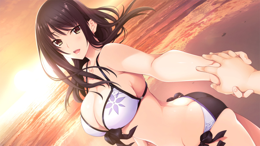 1girl beach bikini breasts brown_eyes brown_hair butt_crack cleavage hand_holding iizuki_tasuku kisaragi_maaya large_breasts long_hair looking_at_viewer onee-chan_no_yuuwaku open_mouth smile sunset swimsuit white_bikini