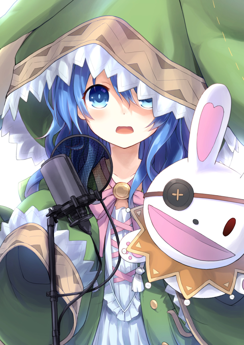 1girl :o absurdres animal_hood blue_eyes blue_hair blush bunny_hood coat commentary_request date_a_live dress green_coat hair_between_eyes highres hood hood_up long_hair looking_at_viewer microphone open_clothes open_coat solo very_long_sleeves white_dress wide_sleeves yoshino_(date_a_live) yoshinon