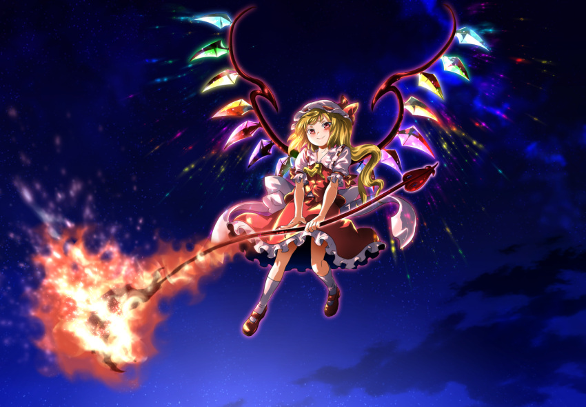 1girl aura clouds commentary_request cravat crystal fire flaming_sword flandre_scarlet flying frilled_skirt frills hat hat_ribbon kneehighs laevatein looking_at_viewer mary_janes mob_cap night night_sky outdoors pink_shirt red_eyes red_footwear red_skirt red_vest ribbon shirt shoes short_sleeves shundou_heishirou side_ponytail skirt sky smile solo star_(sky) starry_sky touhou vest white_legwear wings yellow_neckwear