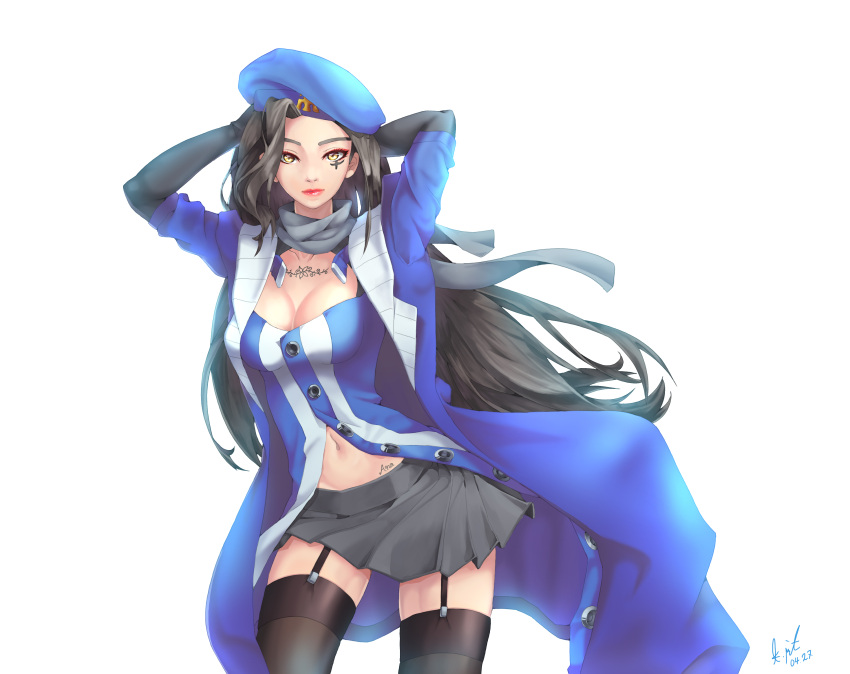 1girl absurdres adapted_costume alternate_costume ana_(overwatch) arms_behind_head black_hair black_legwear black_skirt blue_shirt breasts brown_eyes buttons captain_amari character_name cleavage cowboy_shot dark_skin dated eye_of_horus facial_mark facial_tattoo garter_straps highres jacket large_breasts lips long_hair long_sleeves looking_at_viewer miniskirt mute_(c20029) navel overwatch partially_unbuttoned shirt simple_background skirt solo tattoo thigh-highs trench_coat white_background younger