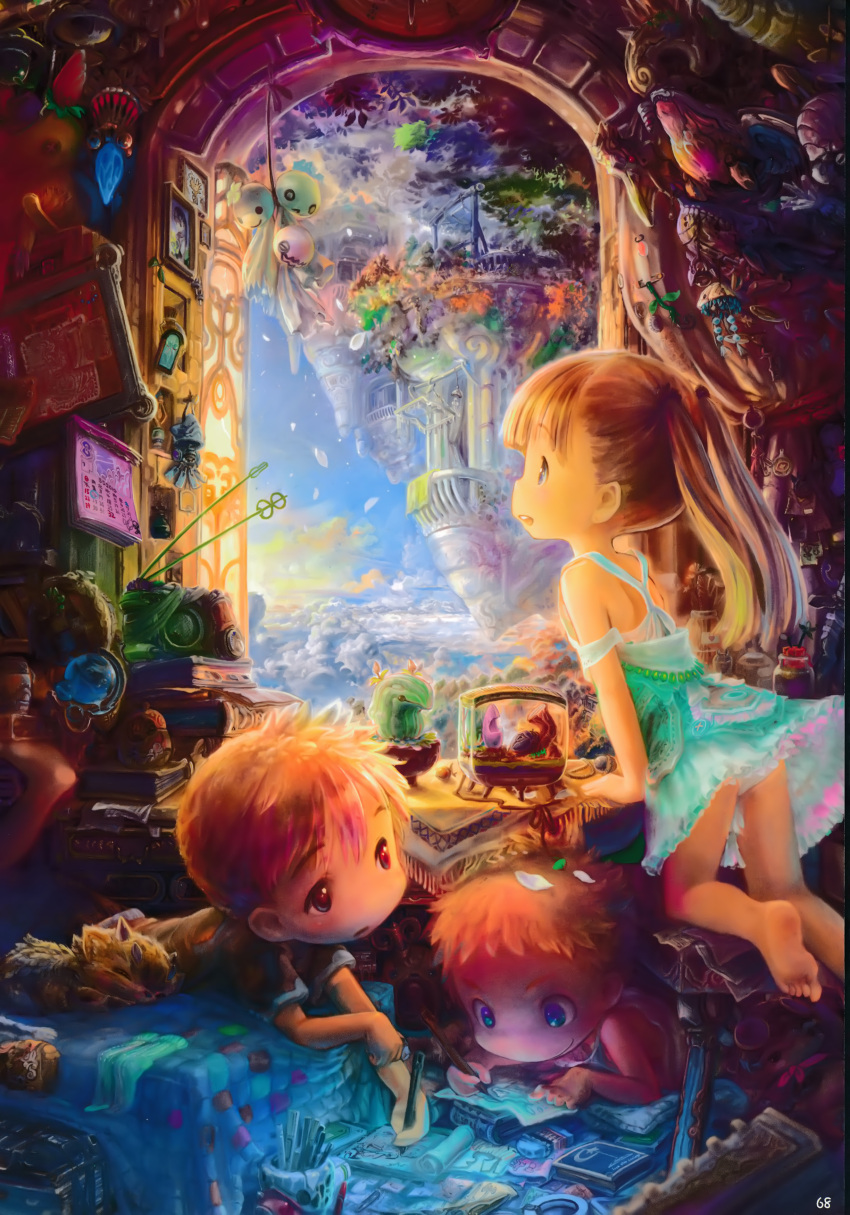 1girl 2boys absurdres barefoot bed bed_sheet blonde_hair blue_eyes book buttons calendar_(object) cat chair character_request child clock colorful cup doll dress fish highres leaf lying made_in_abyss map multiple_boys on_bed on_stomach orange_hair panties pantyshot pen pencil petals photo_(object) red_eyes room scan sky star teruterubouzu tree tsukushi_akihito underwear