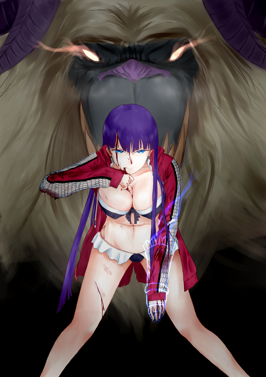 1girl absurdres bikini black_bikini bleeding blood blue_eyes breasts cleavage commentary_request cuts fate/grand_order fate_(series) highres injury jacket large_breasts long_hair looking_at_viewer magic open_clothes open_jacket purple_hair saint_martha saint_martha_(swimsuit_ruler)_(fate) solo swimsuit tarrasque_(fate) tongyong_dongli