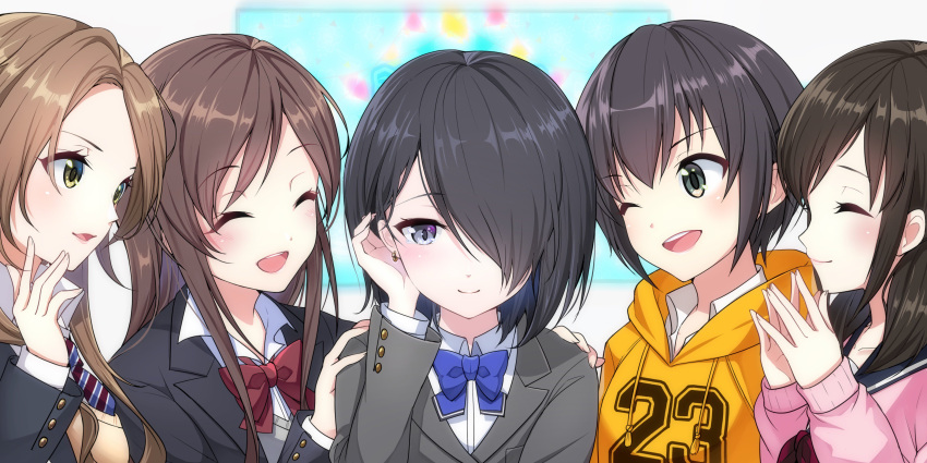 5girls :d ;d absurdres adjusting_hair black_hair blue_bow blue_neckwear bow bowtie brown_hair closed_eyes earrings green_eyes grey_blazer grey_eyes hair_over_one_eye hands_on_another's_shoulders highres hinata_nao_(iwamotochou_geinousha) hood hooded_sweater iwamotochou_geinousha jewelry kurihara_sakurako long_hair multiple_girls natsume_haru necktie one_eye_closed open_mouth pink_sweater red_bow red_neckwear school_uniform shirafuji_tamaki shirt short_hair smile striped_neckwear suzuki_anzu sweater uniform white_shirt yellow_sweater