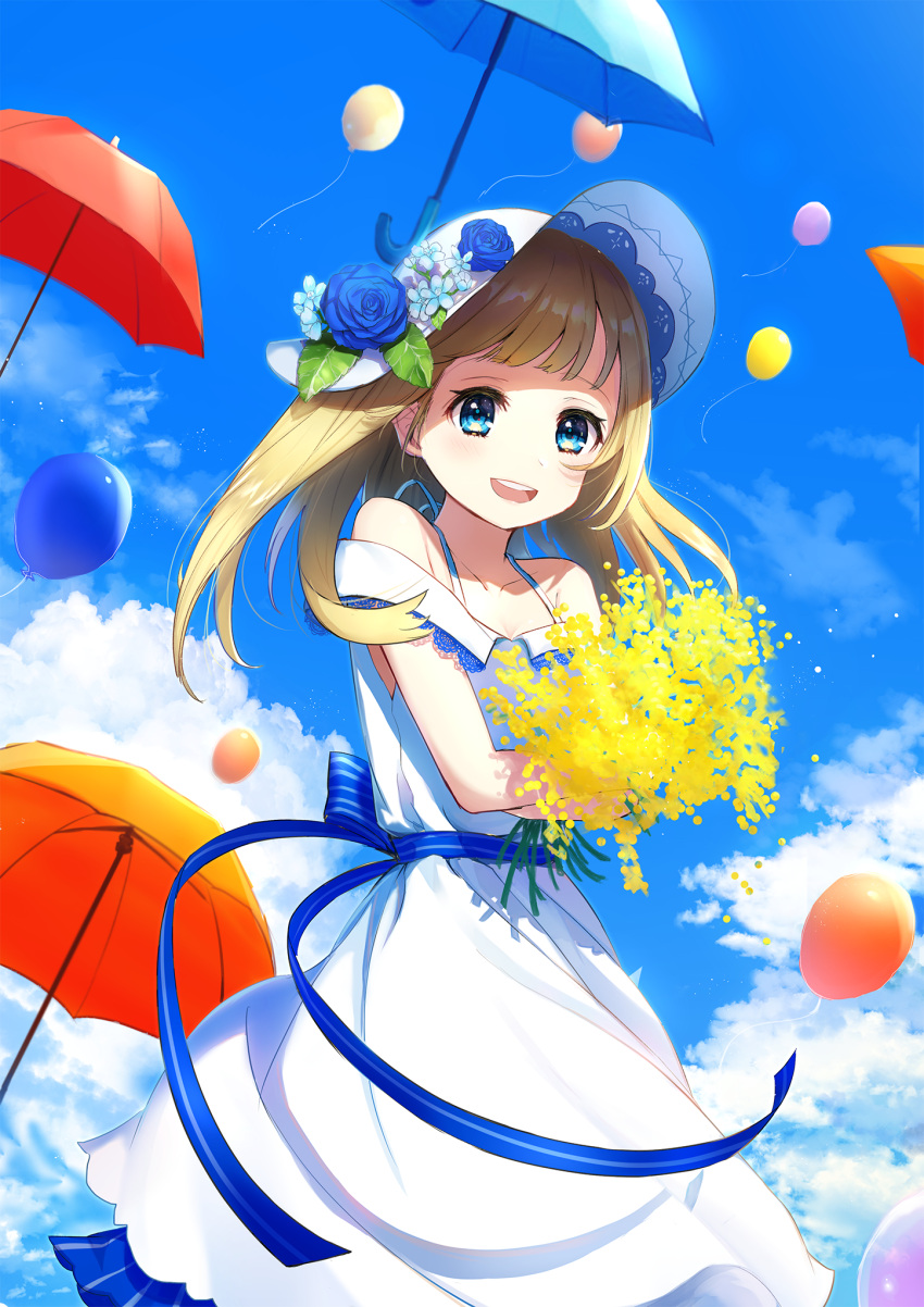 1girl :d back_bow balloon blonde_hair blue_bow blue_eyes blue_flower blue_sky blue_umbrella bouquet bow clouds collarbone dress floating_hair flower hat hat_flower highres holding holding_bouquet long_hair looking_at_viewer omelet_tomato open_mouth orange_umbrella original outdoors sky sleeveless sleeveless_dress smile solo standing striped striped_bow sun_hat sundress white_dress white_flower white_hat yellow_flower