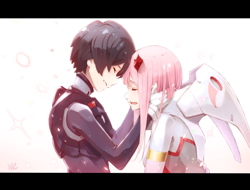 1boy 1girl bangs black_bodysuit black_hair blunt_bangs bodysuit broken_horn darling_in_the_franxx forehead-to-forehead from_side glint grin hands_on_another's_cheeks hands_on_another's_face hands_up highres hiro_(darling_in_the_franxx) hoshizaki_reita letterboxed long_hair open_mouth parted_lips petals pink_hair profile shiny shiny_hair signature smile sparkle upper_body white_bodysuit zero_two_(darling_in_the_franxx)