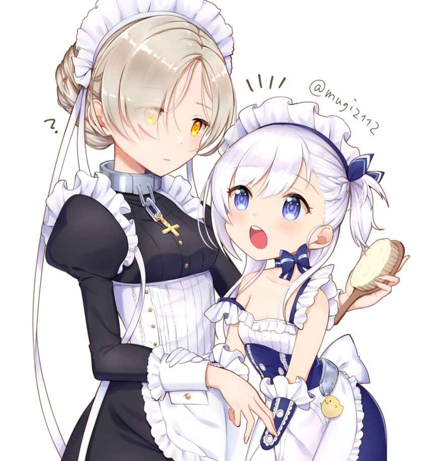 2girls ? azur_lane belfast_(azur_lane) blue_eyes brush collar collarbone cross eyes_visible_through_hair highres maid_headdress mugi_(iccomae) multiple_girls open_mouth platinum_blonde sheffield_(azur_lane) short_hair_with_long_locks silver_hair simple_background twitter_username white_background yellow_eyes younger