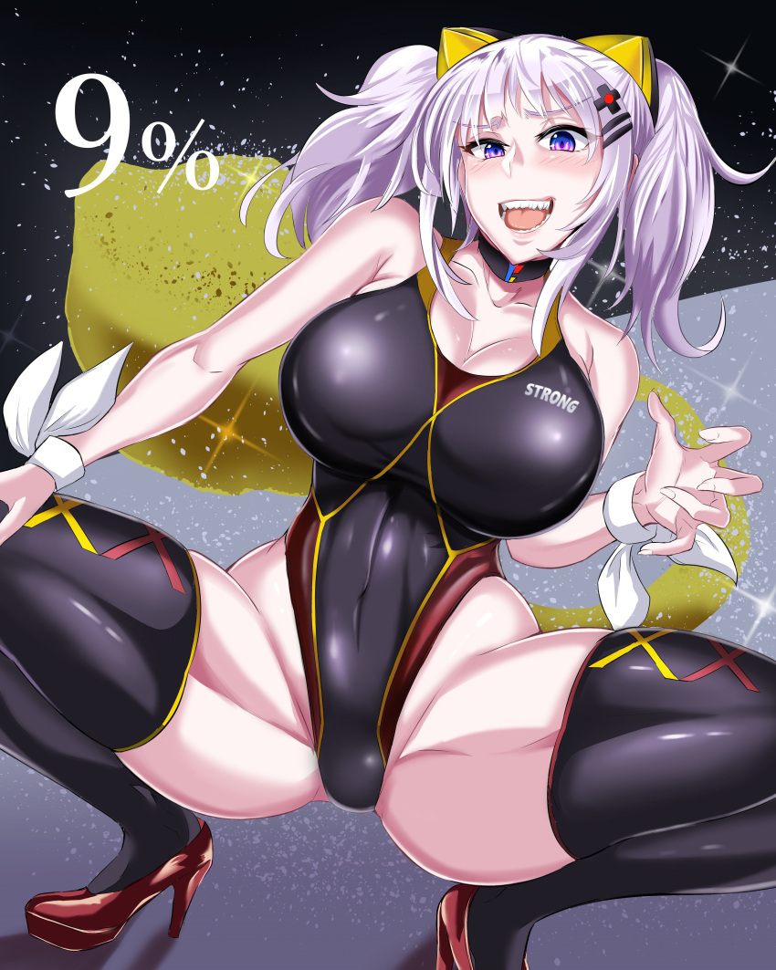 1girl :d absurdres black_legwear blush breasts choker claw_pose cleavage commentary_request competition_swimsuit covered_navel dutch_angle hair_ornament hairclip high_heels highleg highleg_swimsuit highres huge_breasts jet_(pw3234) kaguya_luna kaguya_luna_(character) lavendar_hair long_hair looking_at_viewer one-piece_swimsuit open_mouth red_footwear ribbon sidelocks smile solo squatting swimsuit teeth thigh-highs twintails violet_eyes virtual_youtuber wrist_ribbon x_hair_ornament