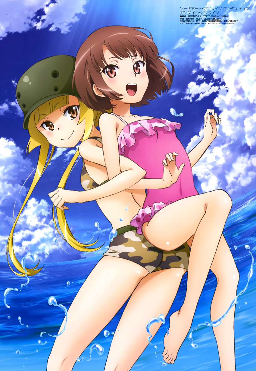 2girls absurdres ass ass-to-ass back-to-back bangs bikini blonde_hair blue_sky blunt_bangs blush body_blush breasts brown_eyes brown_hair camouflage camouflage_bikini carrying clouds day eyebrows_visible_through_hair frilled_swimsuit frills green_helmet helmet highres kohiruimaki_karen locked_arms looking_at_viewer magazine_scan megami multiple_girls nishimura_rie official_art open_mouth pink_frills pink_swimsuit print_frills red_eyes round_teeth scan shinohara_miyu short_hair sky small_breasts smile spaghetti_strap swimsuit sword_art_online sword_art_online_alternative:_gun_gale_online teeth water