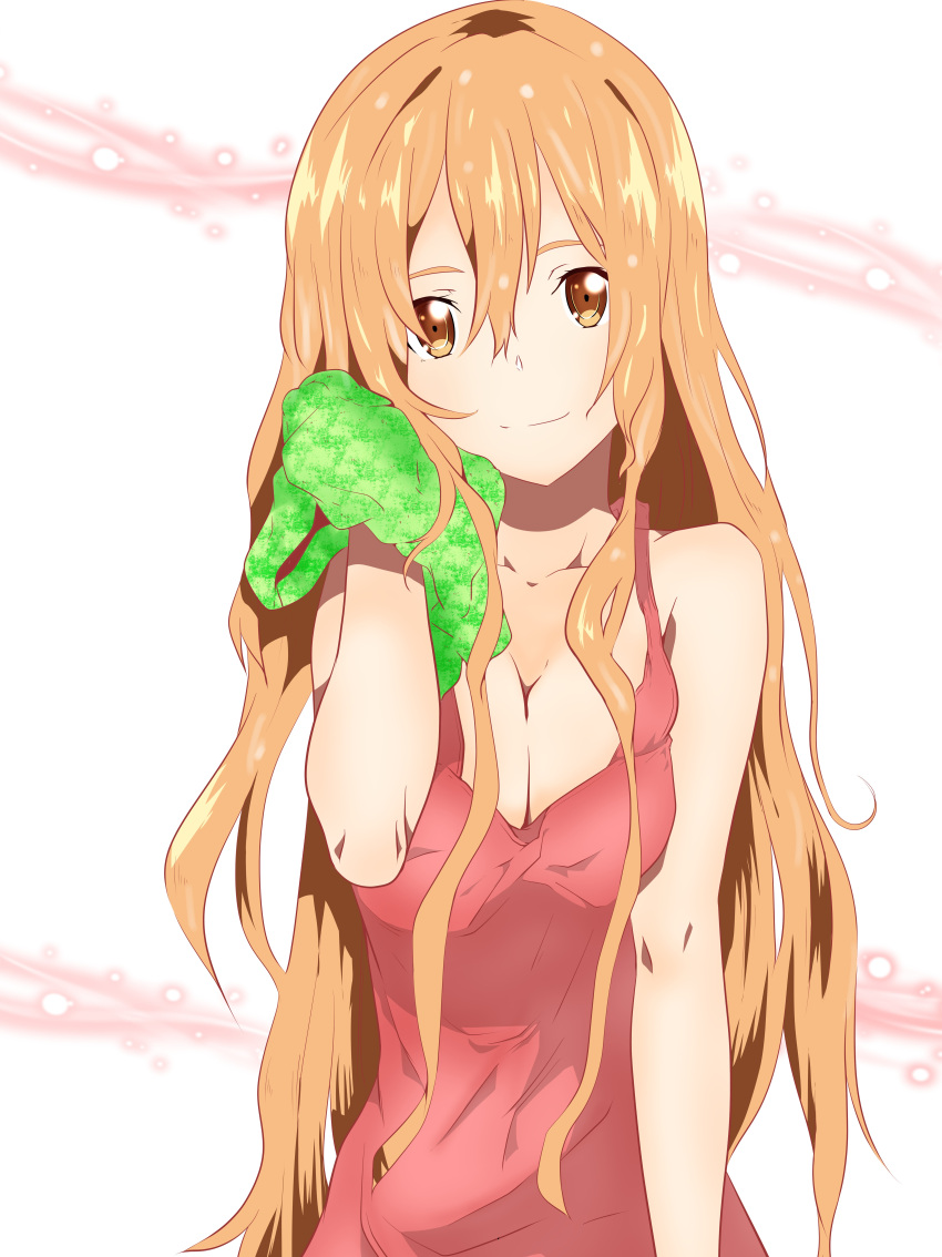 1girl absurdres after_shower asuna_(sao) blonde_hair breasts brown_eyes cleavage collarbone covered_navel cute dress hair_between_eyes head_tilt highres large_breasts long_hair looking_at_viewer red_dress shirt sleeveless sleeveless_shirt smile solo sword_art_online upper_body very_long_hair wet wet_clothes wet_shirt white_background yuuki_asuna