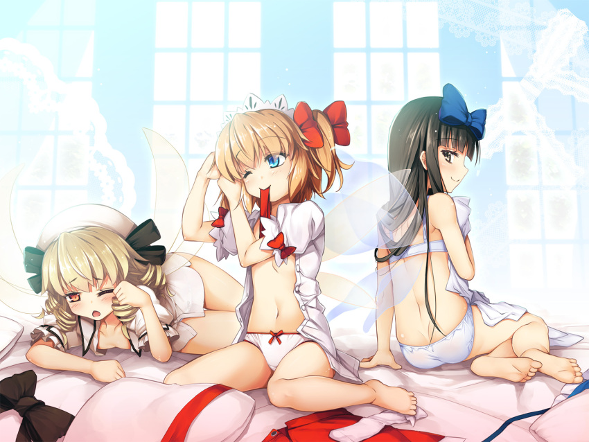 3girls ;) ;o arm_support ass back bangs bare_arms bare_legs bare_shoulders barefoot bed_sheet black_eyes black_hair black_ribbon blonde_hair blue_bow blue_eyes bow bow_panties bra breasts chima_q closed_mouth commentary_request dress_shirt drill_hair eyebrows_visible_through_hair fairy_wings feet from_behind full_body hair_bow hands_up hat hat_ribbon highres indoors luna_child lying mouth_hold multiple_girls navel no_pants one_eye_closed open_clothes open_shirt orange_hair panties profile puffy_short_sleeves puffy_sleeves red_bow red_eyes ribbon shiny shiny_hair shirt short_sleeves sitting small_breasts smile soles star_sapphire stomach sunny_milk touhou transparent_wings tying_hair unbuttoned unbuttoned_shirt underwear underwear_only wariza white_bra white_hat white_panties white_shirt window wings yokozuwari