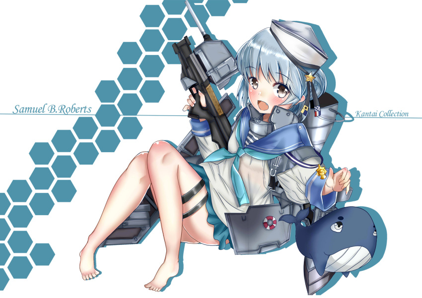 1girl aqua_neckwear aqua_skirt barefoot black_ribbon blue_hair blue_sailor_collar bullpup character_name copyright_name dixie_cup_hat double_bun fire_maxs gun hat hat_ribbon kantai_collection long_sleeves military_hat miniskirt neckerchief p90 pleated_skirt ribbon sailor_collar samuel_b._roberts_(kantai_collection) school_uniform serafuku shirt short_hair skirt sleeve_cuffs solo submachine_gun weapon whale white_hat white_shirt yellow_eyes