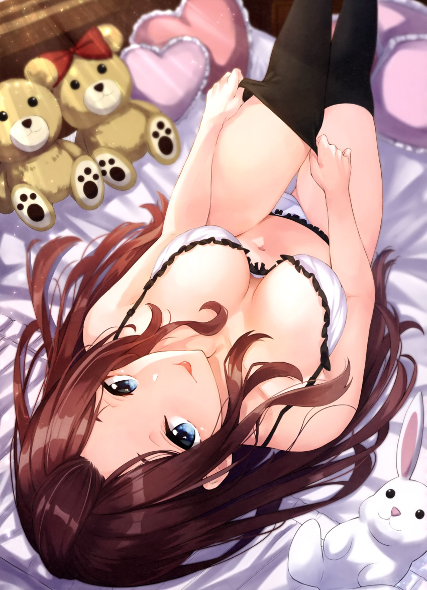 1girl :p absurdres anza_tomo ass_visible_through_thighs bangs black_legwear blue_eyes bra breasts brown_hair dengeki_moeou dressing highres indoors long_hair looking_at_viewer looking_up medium_breasts navel on_bed panties parted_bangs scan sitting smile solo stuffed_animal stuffed_toy sunlight thigh-highs thighhighs_pull tongue tongue_out underwear underwear_only upside-down white_bra white_panties