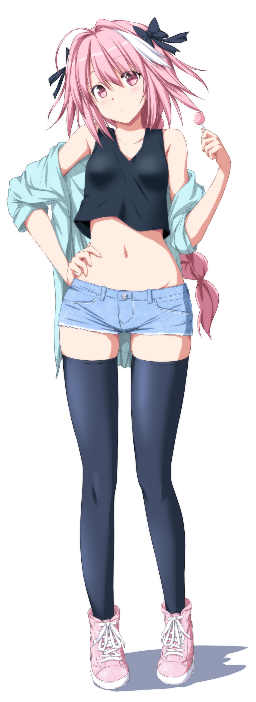 1girl absurdres ahoge alternate_costume astolfo_(fate) bare_shoulders black_bow black_legwear blue_hoodie blue_shirt blush bow braid candy casual collarbone crop_top denim denim_shorts eyebrows_visible_through_hair fate/grand_order fate_(series) food full_body genderswap hair_between_eyes hair_bow hand_on_hip hand_up head_tilt highres holding_lollipop lollipop long_hair looking_at_viewer male_focus midriff multicolored_hair navel nori_tamago off_shoulder otoko_no_ko pink_eyes pink_footwear pink_hair shadow shirt shoes short_shorts shorts simple_background sleeveless sleeveless_shirt sneakers solo standing stomach streaked_hair striped striped_shirt thigh-highs white_background white_hair