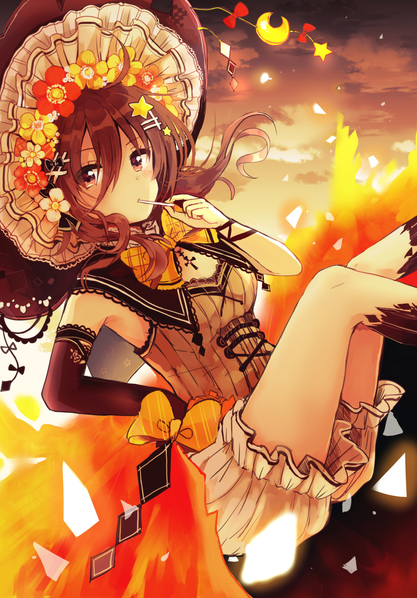 1girl absurdres bangs black_gloves black_hat black_legwear bloomers blush bow breasts brown_eyes brown_hair brown_shirt closed_mouth commentary_request crescent cross elbow_gloves eyebrows_visible_through_hair fiery_wings fire flower gloves hair_between_eyes hair_flower hair_ornament hairclip hat highres holding kneehighs latin_cross long_hair low_wings medium_breasts mouth_hold orange_bow orange_flower original red_bow red_flower sakura_oriko shirt single_elbow_glove sleeveless sleeveless_shirt solo star star_hair_ornament underwear white_bloomers wings witch witch_hat yellow_flower