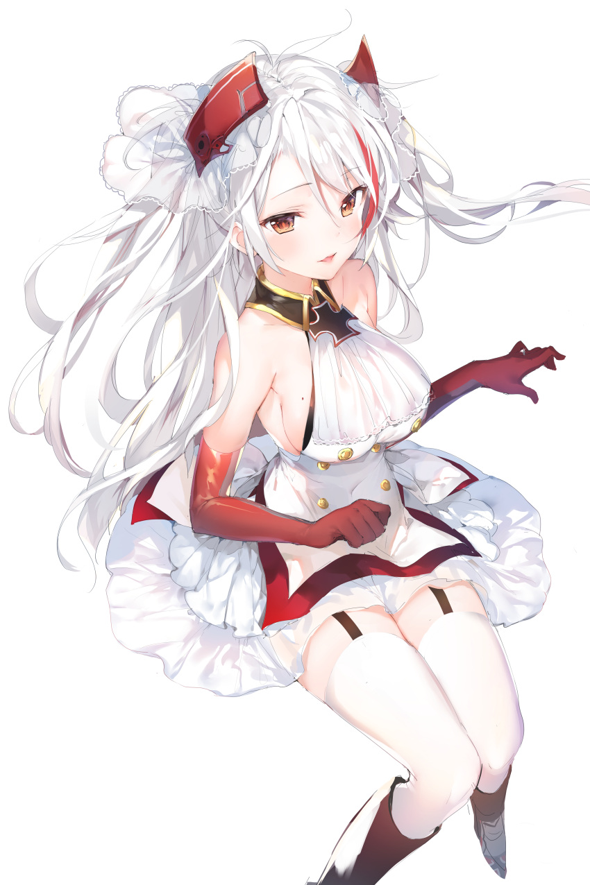1girl absurdres azur_lane bare_shoulders blush breasts brown_eyes buttons dress elbow_gloves garter_straps gloves hair_ornament highres iron_cross large_breasts long_hair looking_at_viewer mole mole_on_breast orange_eyes parted_lips prinz_eugen_(azur_lane) red_gloves sideboob simple_background smile solo thigh-highs two_side_up umibouzu_(niito) very_long_hair white_background white_dress white_hair white_legwear