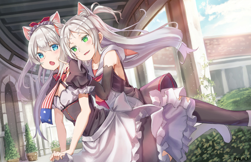 2girls american_flag animal_ears apron azur_lane bangs bare_shoulders black_legwear blue_eyes blue_sky blush boots bow breasts cat_ears clouds dress eyebrows_visible_through_hair finger_to_another's_cheek flag_print frills green_eyes hair_bow hair_ribbon hammann_(azur_lane) light_particles long_hair looking_at_viewer maid_headdress multiple_girls necktie open_mouth outdoors puffy_short_sleeves puffy_sleeves ribbon short_sleeves silver_hair sims_(azur_lane) sky smile surprised thigh-highs two_side_up very_long_hair white_footwear white_hair yu_ni_t