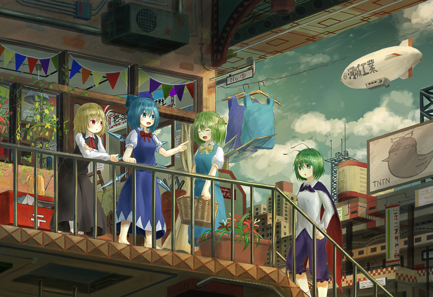 (9) 4girls :o absurdres air_conditioner aircraft antennae arm_rest banner barefoot basket black_skirt black_vest blimp blonde_hair blue_dress blue_eyes blue_hair blue_sky bow breasts building cape cirno city closed_eyes clothes_hanger clothesline clouds commentary_request cravat crossed_arms daiyousei day dirigible dress ekaapetto expressionless eyebrows_visible_through_hair fairy_wings flower green_eyes green_hair hair_between_eyes hair_bow hair_ribbon hand_on_hip hand_on_railing handrail highres leaning_against_railing leaning_forward long_sleeves looking_at_another looking_to_the_side multiple_girls mystia_lorelei mystia_lorelei_(bird) open_mouth outdoors pantyhose plant planter pointing postbox_(outgoing_mail) poster_(object) potted_plant puffy_short_sleeves puffy_sleeves radio_antenna red_bow red_eyes red_neckwear ribbon rumia shirt short_hair short_sleeves shorts side_glance side_ponytail sign skirt sky skyscraper small_breasts spider_lily stairwell standing storefront streamers touhou vest vines watering_can white_legwear white_shirt wings wriggle_nightbug