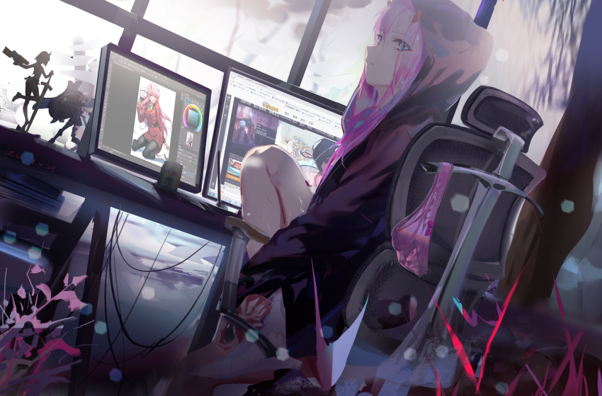 1girl artist_self-reference artoria_pendragon_(all) artoria_pendragon_(swimsuit_archer) bandage bandaged_leg bangs black_hoodie black_legwear blue_eyes blush bow bow_panties can chair closed_mouth commentary_request darling_in_the_franxx dated dress dutch_angle eyebrows_visible_through_hair fate/grand_order fate_(series) figure flat_screen_tv hair_between_eyes highres hood hood_up hoodie horns long_hair long_sleeves looking_at_viewer looking_back mash_kyrielight monitor office_chair panties panties_removed pantyhose pink_hair pink_panties rabbit_(tukenitian) red_dress signature sitting solo underwear very_long_hair window zero_two_(darling_in_the_franxx)