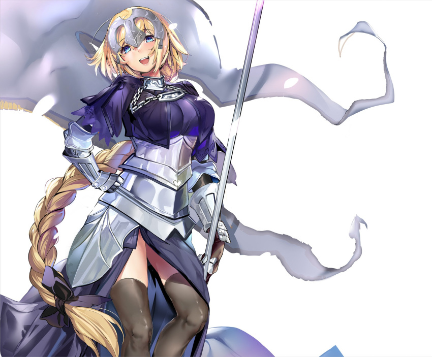 armor armored_dress blonde_hair braid capelet fate/grand_order fate_(series) flag gauntlets headpiece highres jeanne_d'arc_(fate) jeanne_d'arc_(fate)_(all) long_braid long_hair marushin_(denwa0214) single_braid thigh-highs very_long_hair