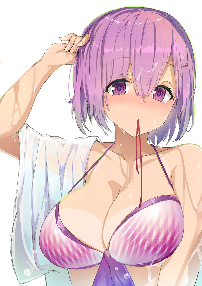 1girl arm_at_side bangs bikini blush breasts cleavage closed_mouth collarbone commentary_request eyebrows eyebrows_visible_through_hair eyelashes fate/grand_order fate_(series) front-tie_bikini front-tie_top hair_between_eyes hand_in_hair highres large_breasts looking_at_viewer mash_kyrielight mouth_hold navel purple_bikini_top purple_hair purple_ribbon red_ribbon ribbon ribbon_in_mouth see-through shiny shiny_hair shirt short_hair simple_background smile solo standing swimsuit upper_body water wet wet_clothes wet_hair wet_shirt white_background white_bikini wide_sleeves xiaodi