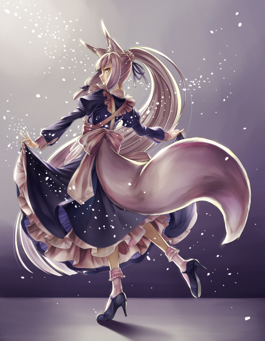 1girl animal_ears apron eyebrows_visible_through_hair fox_ears fox_tail frills gradient gradient_background hair_ribbon high_heels highres kazuki_seihou lifted_by_self long_hair looking_at_viewer looking_back maid original ponytail ribbon silver_hair skirt skirt_lift solo standing tail yellow_eyes