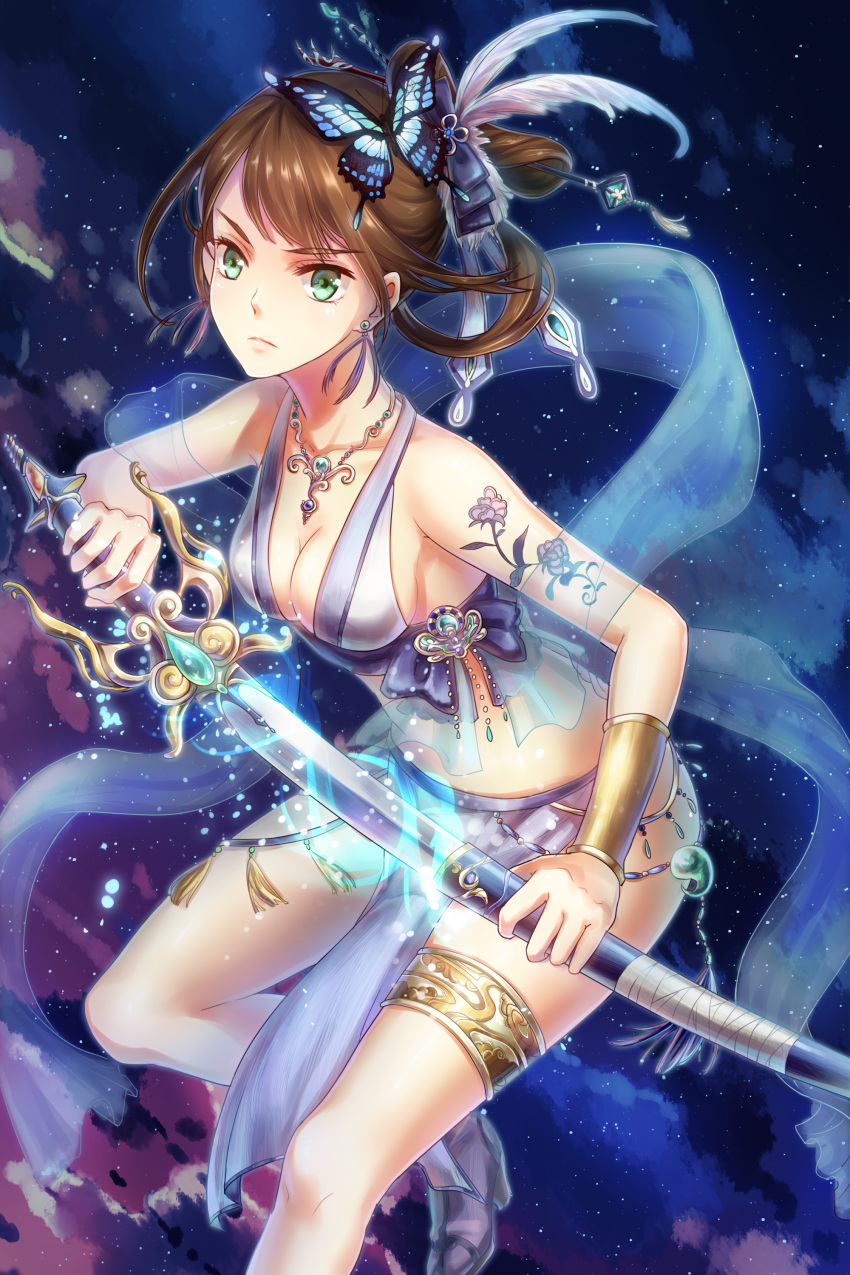 1girl absurdres breasts brown_hair butterfly_hair_ornament cleavage collarbone earrings eyebrows_visible_through_hair feathers green_eyes hair_feathers hair_ornament high_heels highres holding holding_sheath holding_sword holding_weapon jewelry long_hair medium_breasts mikuni_romance necklace sangoku_romance sash see-through sheath sideboob solo sword tattoo thighlet tied_hair unsheathing weapon white_feathers