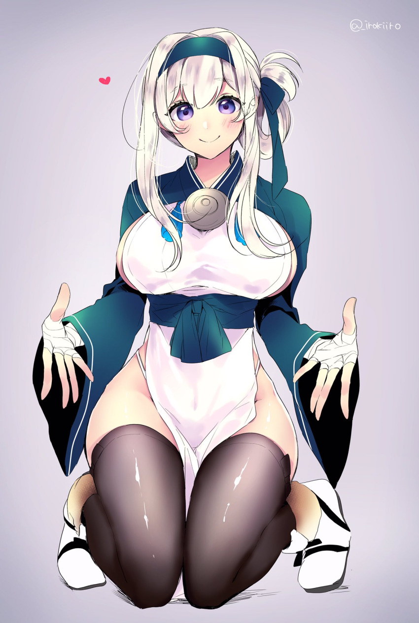 1girl ainu_clothes bandage bandanna blue_eyes breasts cropped_jacket folded_ponytail full_body gradient gradient_background grey_background headband highres irokiiro kamoi_(kantai_collection) kantai_collection kneeling long_sleeves looking_at_viewer pelvic_curtain sideboob sidelocks smile solo thick_eyebrows thigh-highs twitter_username white_hair wrist_guards